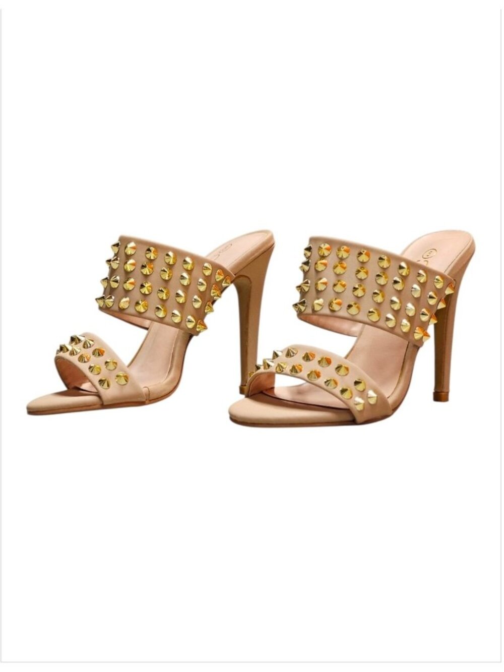 Studded Nude High Heel Slide Sandals - Picture 2 of 14